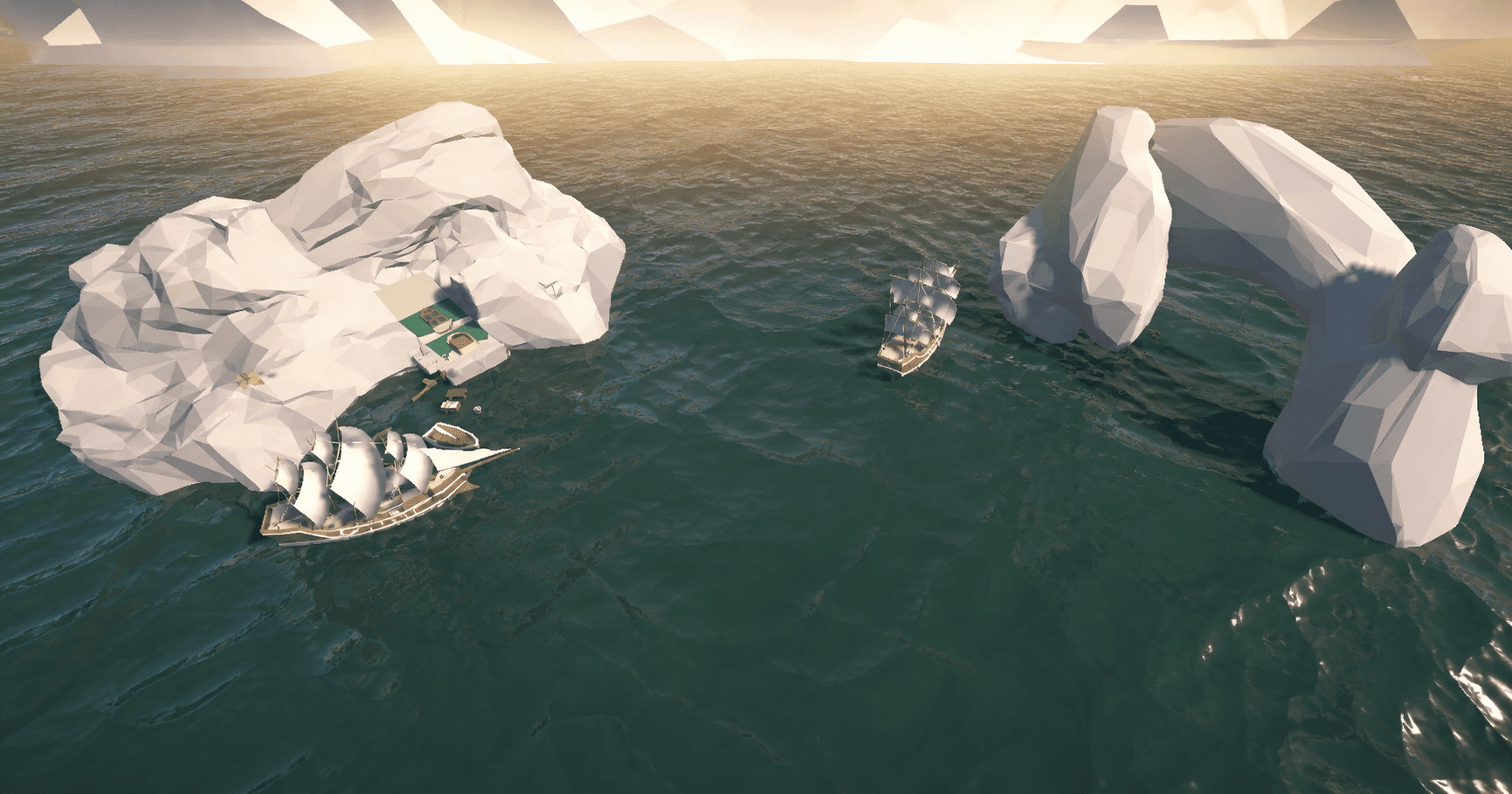 Pirate Clash gameplay showing ships navigating an icy island passage